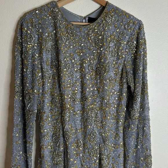 Mac Duggal 5308 Elegant platinum long-sleeved evening gown adorned beading 14 - Picture 4 of 14